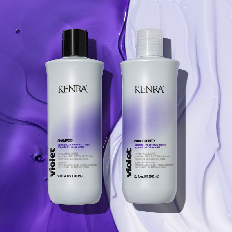 Two Kenra Violet Shampoo and Conditioner bottles with silver-grey bodies and purple gradient labels (300mL each) displayed flat against a split background of rich purple and white product texture swipes. Featured image for blog post: The Best Ways To Tone