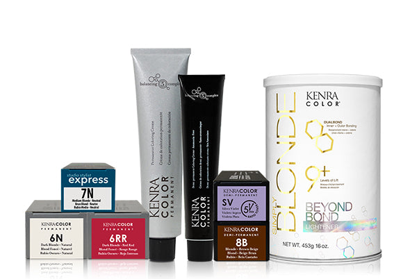 Assortment of Kenra Color professional hair color products including permanent color tubes, Studio Stylist Express boxes, demi-permanent color boxes, and Beyond Bond lightener canister