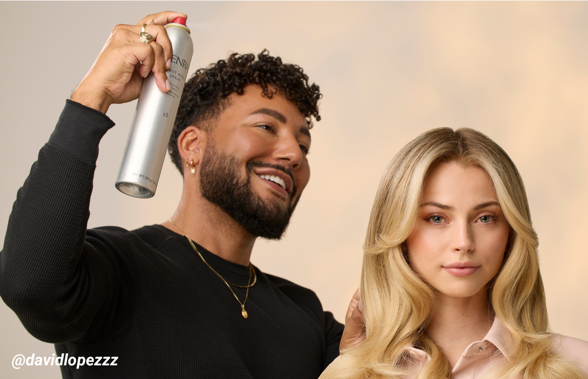 Man holding a hair spray can next to a woman with styled blonde hair against a beige background