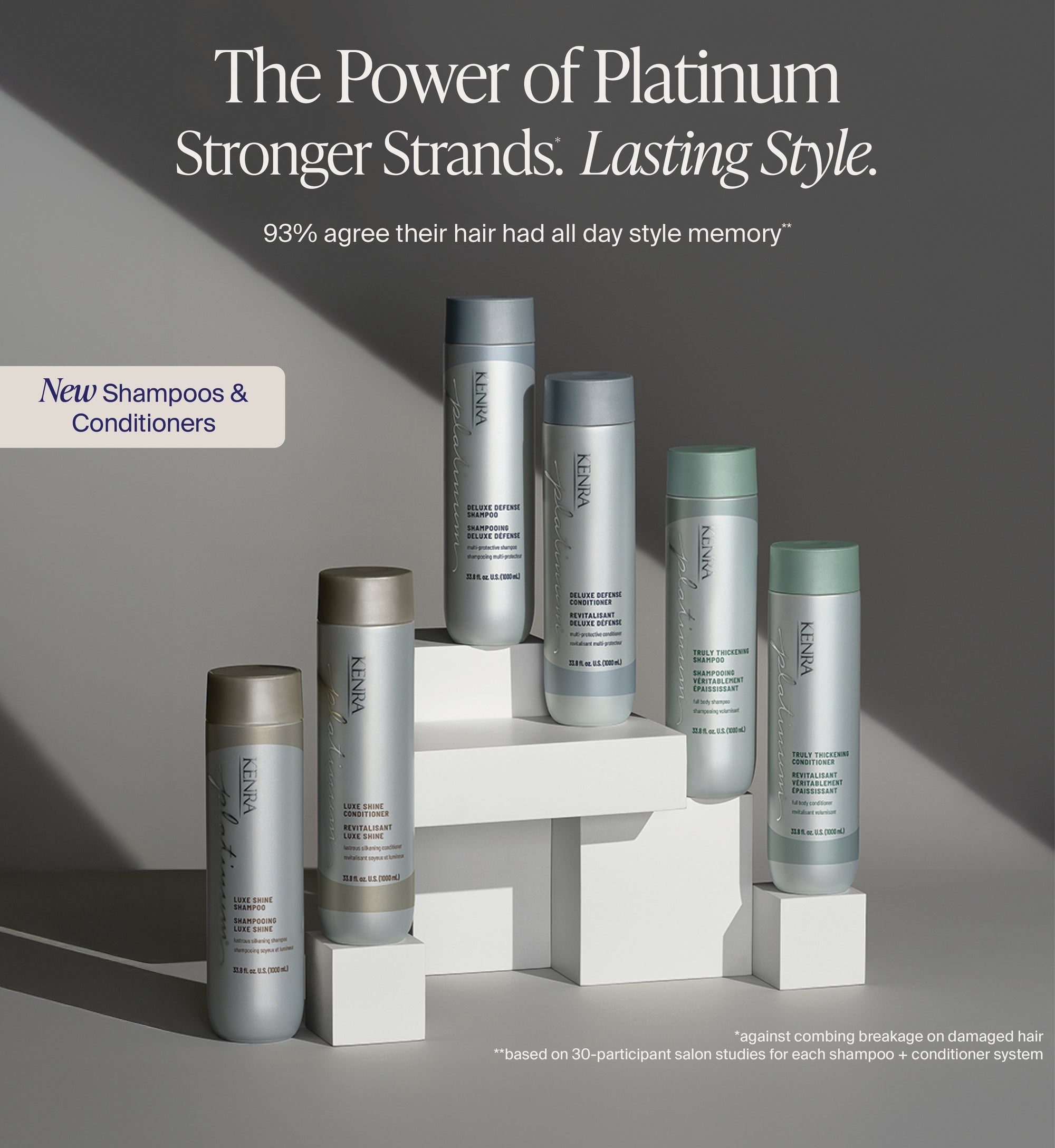 Kenra Platinum — Stronger Strands, Lasting Style. New Shampoos & Conditioners.